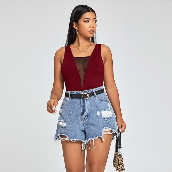 

Plus Solid Mesh Insert Tank Bodysuit, Burgundy