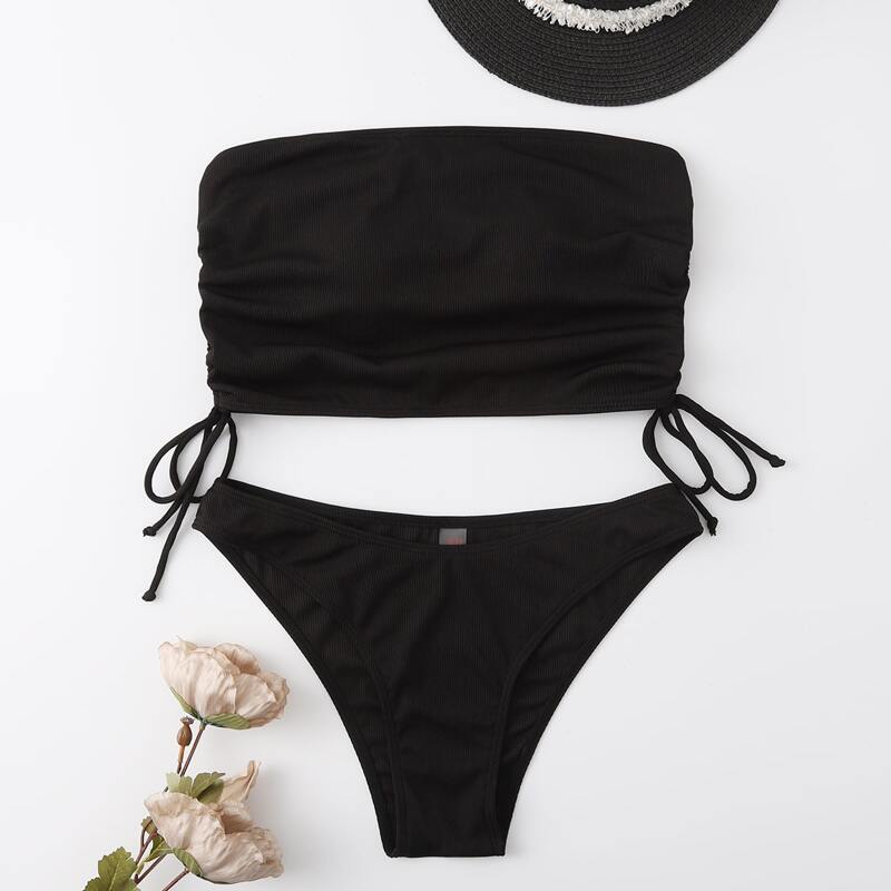 

Drawstring Rib Bikini Swimsuit, Black