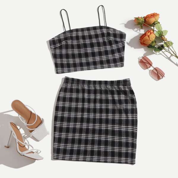 

Plaid Print Cami Top and Skirt Set, Black