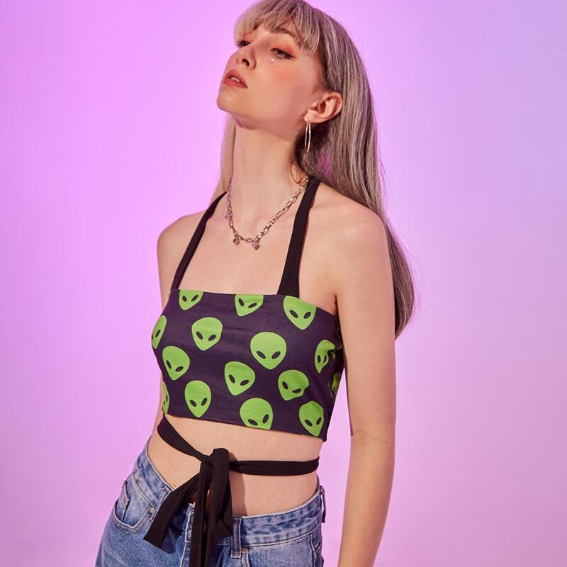 

Alien Graphic Halter Top, Black