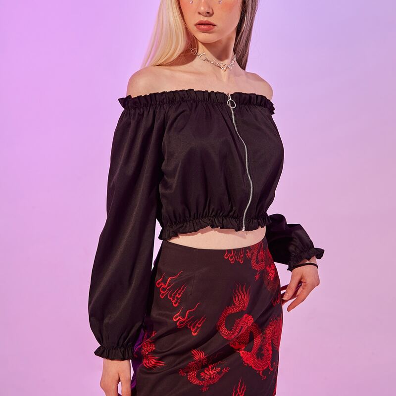 

Off The Shoulder Zip Up Blouse, Black