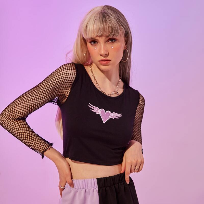 

Heart Embroidery Contrast Fishnet Tee, Black