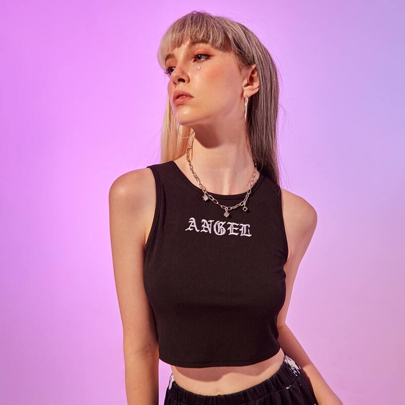 

Letter Embroidery Ribbed Tank Top, Black