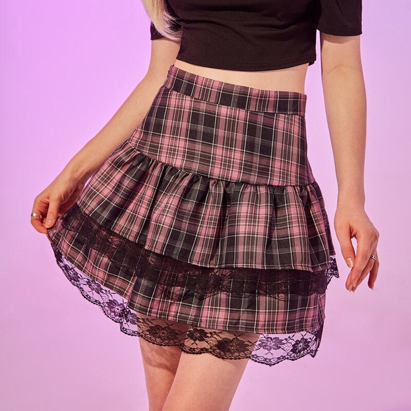 

Contrast Lace Plaid Skirt, Multicolor