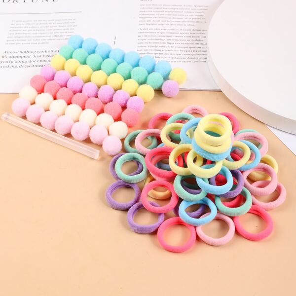 

50sets Toddler Girls Hair Tie With Pom Pom, Multicolor