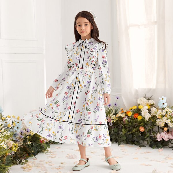 

Girls Allover Floral Binding Knot Front Belted Ruffle Trim Dress, White