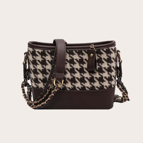 

Houndstooth Pattern Chain Crossbody Bag, Coffee brown