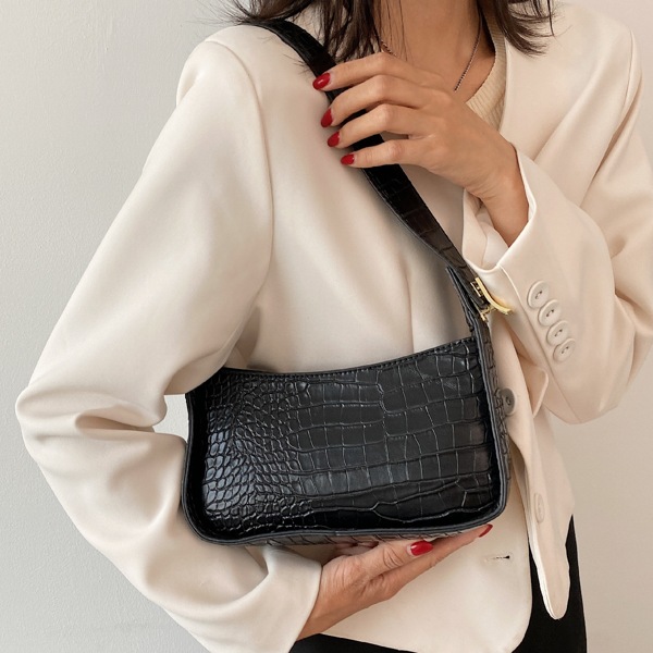 

Croc Embossed Baguette Bag, Black