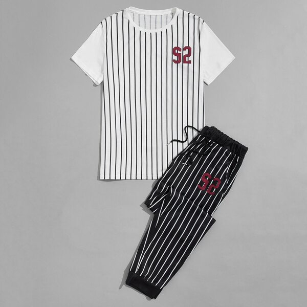 

Men Striped & Letter Graphic Tee & Drawstring Sweatpants, Multicolor