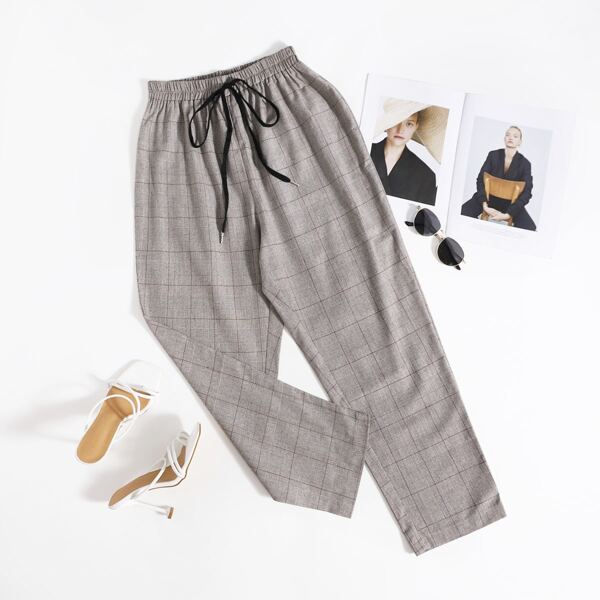 

Plus Grid Drawstring Waist Pants, Khaki