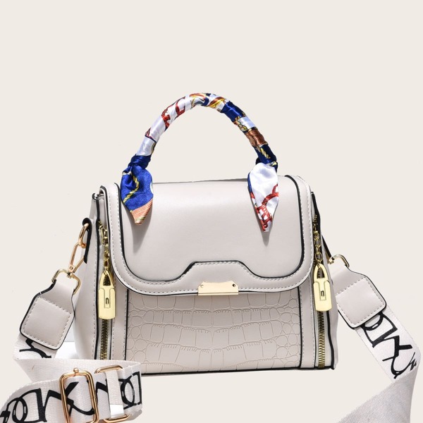 

Croc Embossed Flap Satchel Bag, White