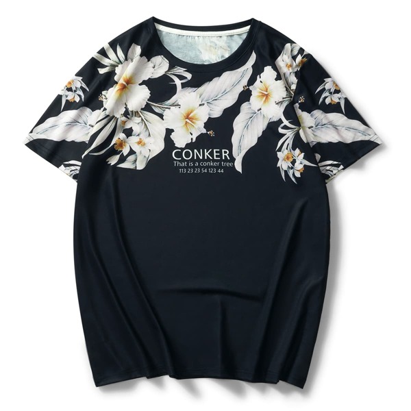 

Men Floral & Slogan Graphic Tee, Black
