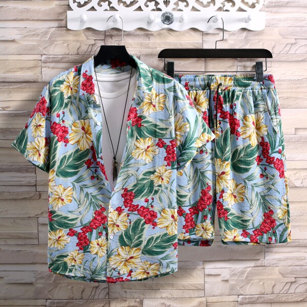 

Men Random Floral Shirt With Shorts Without Tee, Multicolor