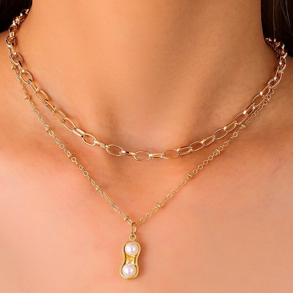 

2pcs Faux Pearl Decor Peanut Charm Necklace, Gold