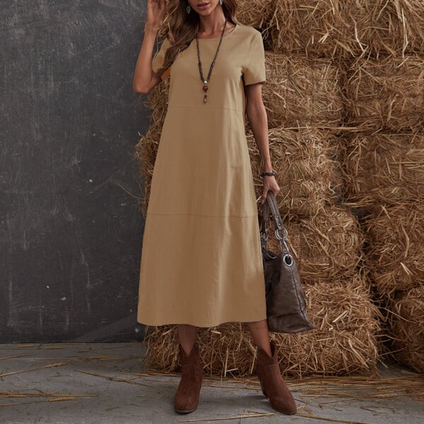 

Solid Short Sleeve Tunic Dress, Khaki