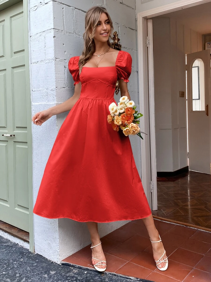 Square Neck Puff Sleeve Shirred Back Dress - Red - View 1