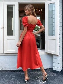 Square Neck Puff Sleeve Shirred Back Dress - Red - View 2