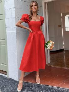 Square Neck Puff Sleeve Shirred Back Dress - Red - View 3