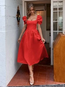 Square Neck Puff Sleeve Shirred Back Dress - Red - View 4