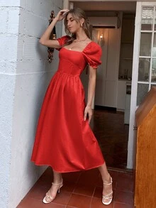 Square Neck Puff Sleeve Shirred Back Dress - Red - View 5