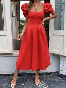 Square Neck Puff Sleeve Shirred Back Dress - Red - View 6