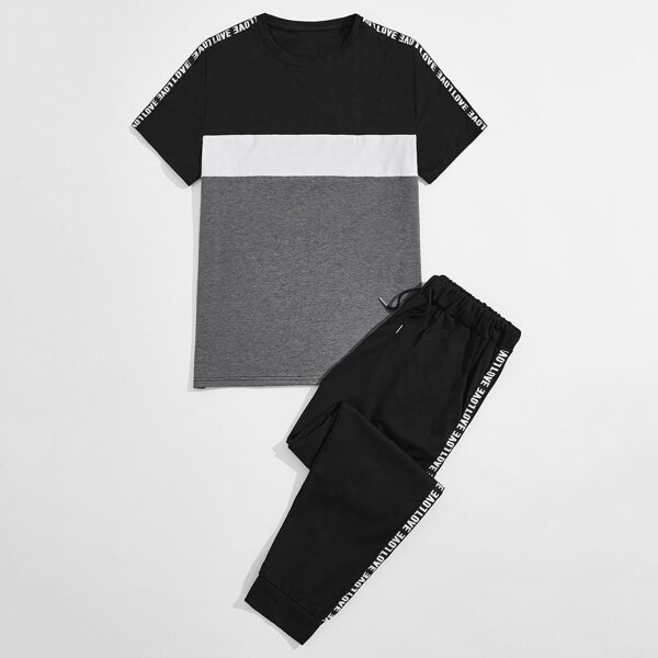 

Men Color Block Tee & Letter Tape Sweatpants, Multicolor