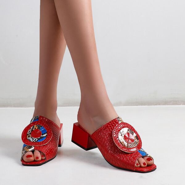 

Snakeskin Colorblock Chunky Heeled Mules, Red