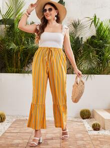 Quần Plus Size Thắt nút Viên lá sen Sọc Giải trí - Màu vàng - Xem 4