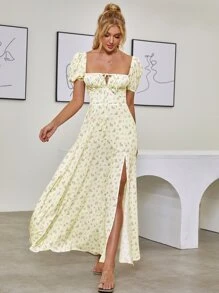 PARTHEA 泡泡袖高開衩印花連衣裙 - 黃色 - 查看 6