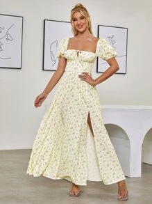 PARTHEA 泡泡袖高開衩印花連衣裙 - 黃色 - 查看 7