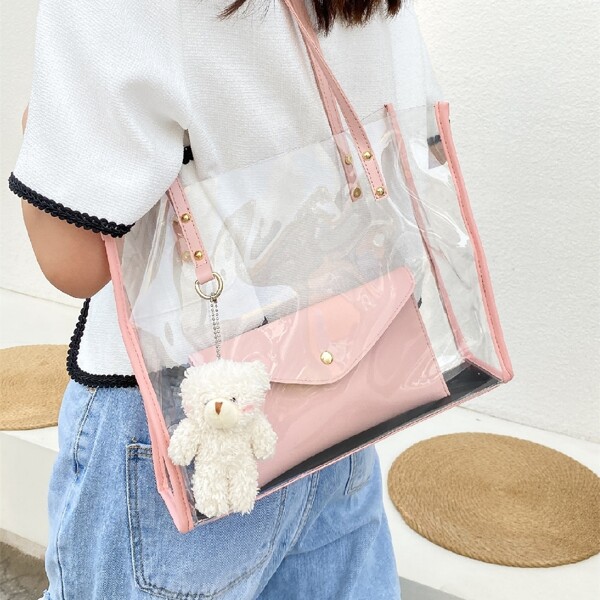 

Clear Shoulder Tote Bag With Inner Pouch, Pink
