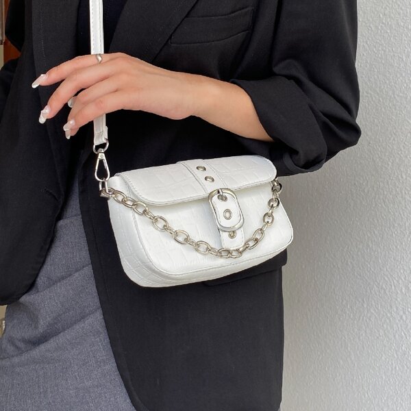 

Croc Embossed Buckle Chain Satchel Bag, White