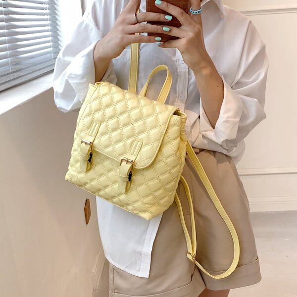 

Quilted Buckle Decor Flap Backpack, Yellow