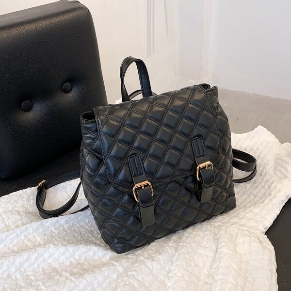 

Quilted Buckle Decor Flap Backpack, Black