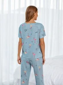 Flamingo Print PJ Set / Pajama Set With Eye Cover - Baby Blue - View 2