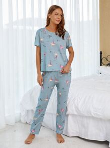 Flamingo Print PJ Set / Pajama Set With Eye Cover - Baby Blue - View 3