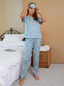 Flamingo Print PJ Set / Pajama Set With Eye Cover - Baby Blue - View 5