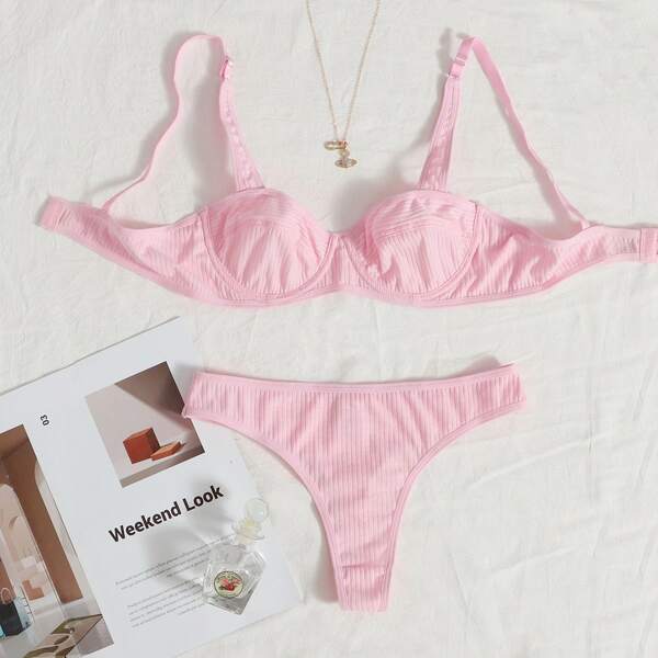 

Rib Underwire Lingerie Set, Pink