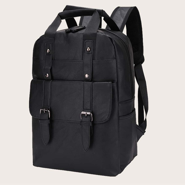 

Men Minimalist Buckle Decor Functional Backpack, Black