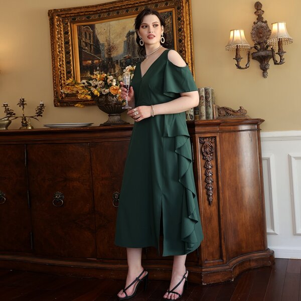 

Plus Cold Shoulder Drape Side Split Hem Dress, Dark green