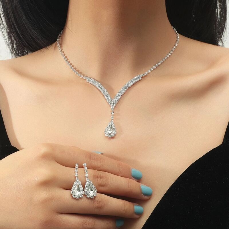 

1pair Rhinestone Drop Earrings & 1pc Charm Necklace, Silver
