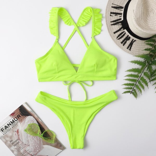 

Rib Ruffle Tie Back Bikini Swimsuit, Lime green