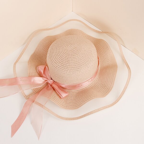 

Bow Decor Wide Brim Sun Hat, Apricot