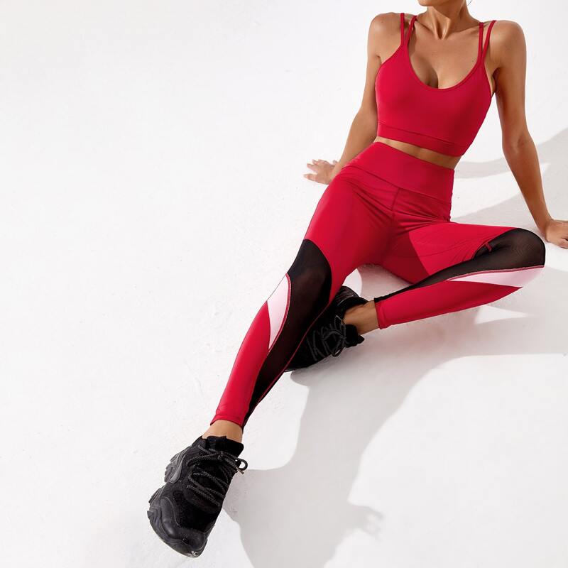 

Criss Cross Back Sports Bra & Color-block Mesh Insert Leggings, Red