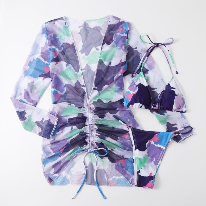 

3pack Tie Dye Bikini Swimsuit & Drawstring Cover Up, Multicolor