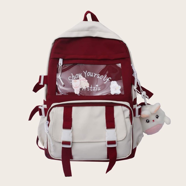 

Colorblock Pattern Rabbit Charm Backpack, Red and white