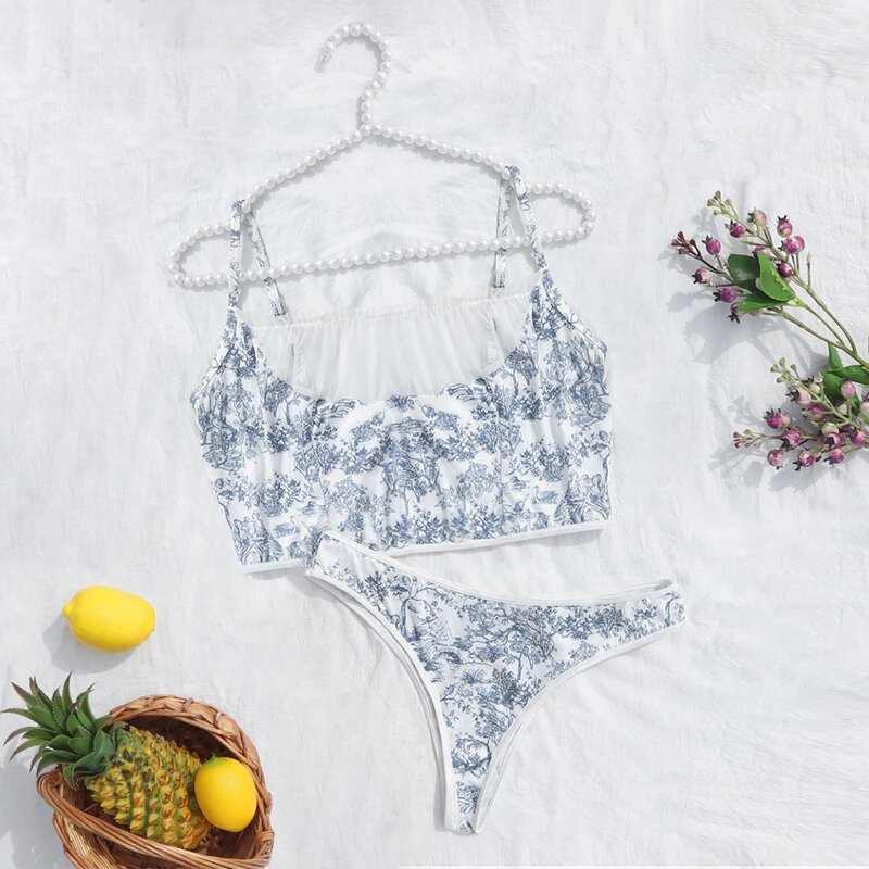 

Plant Print Lingerie Set, Blue and white