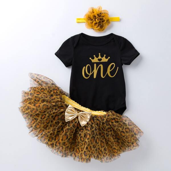 

Baby Girl Letter Graphic Bodysuit With Leopard Mesh Skirt With Headband, Multicolor