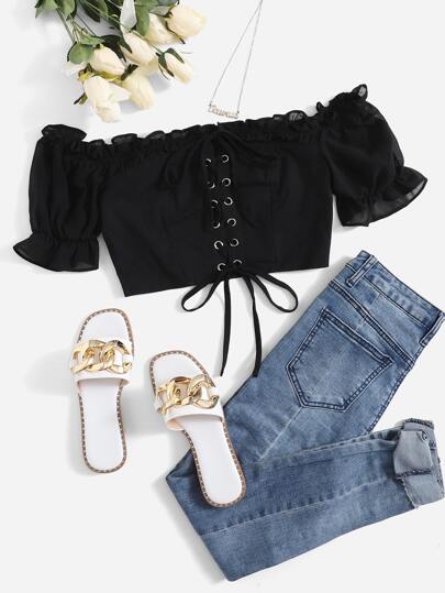 SHEIN Puff Sleeve Frilled Garment Eyelet Lace Up Top