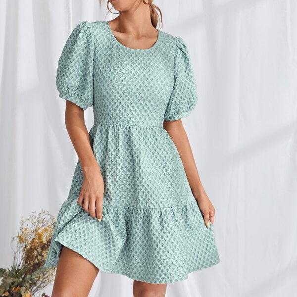 

Puff Sleeve Ruffle Hem A-line Dress, Mint green